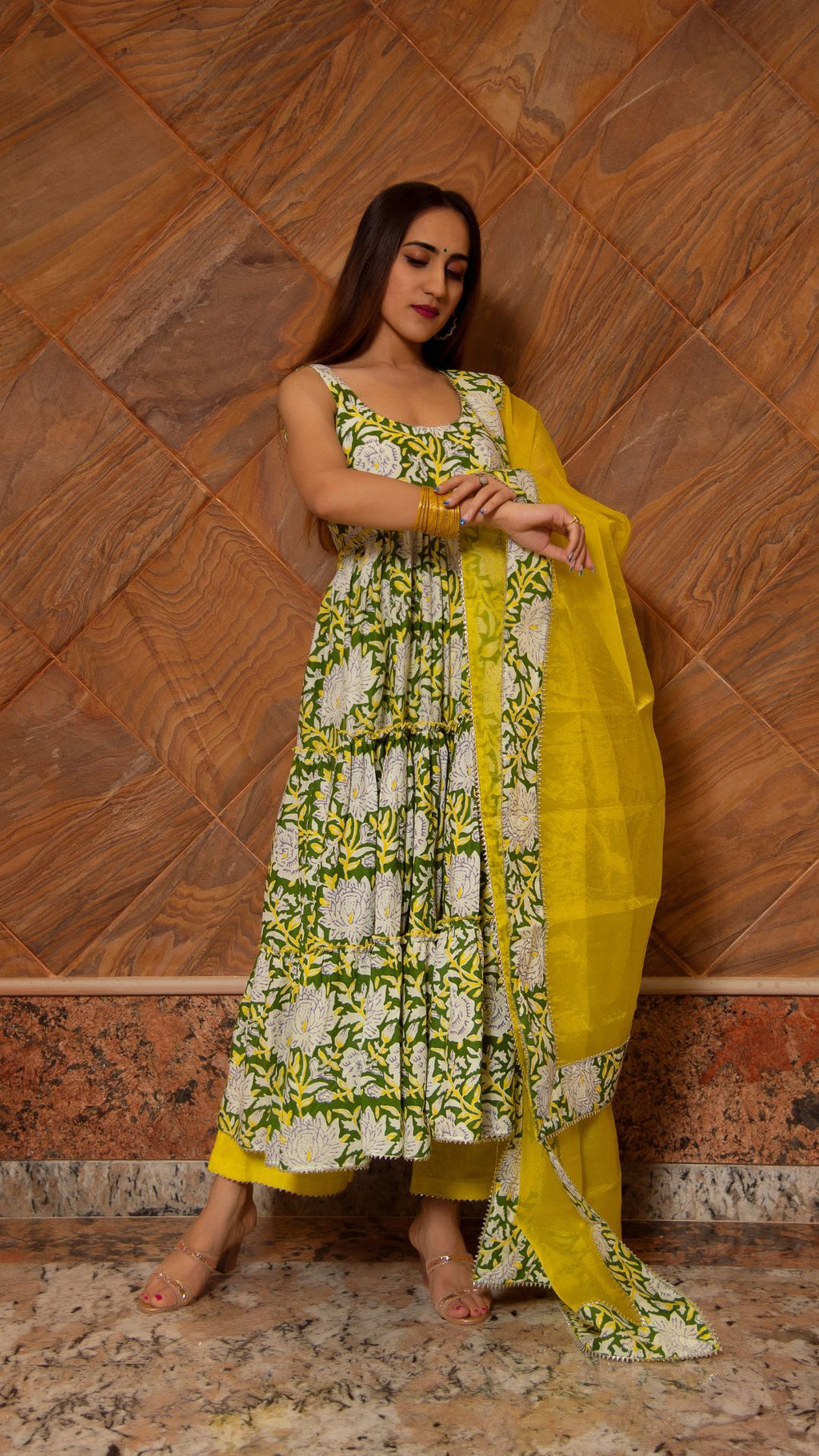 YELLOW GREEN TIERED ANARKALI SUIT SET