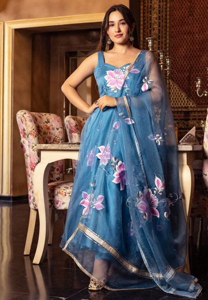 BLUE ZARQA ORGANZA ANARKALI SUIT SET