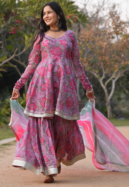 PURPLE PINK  CHANDRA CHANDERI SHARARA SET