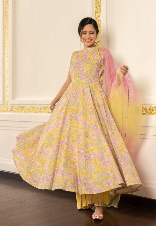 PASTEL YELLOW SHARVARI COTTON SUIT SET