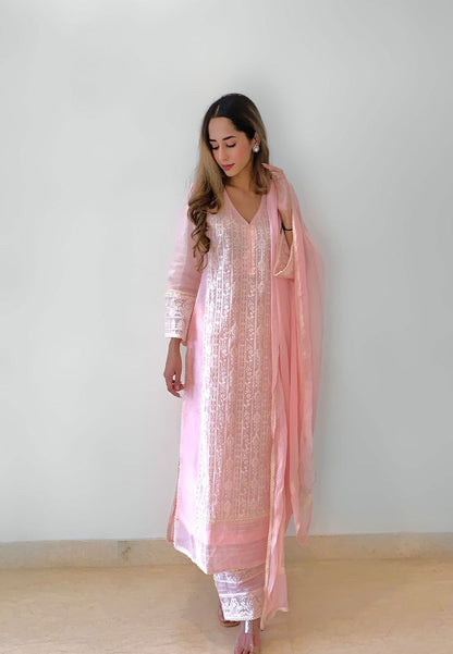 PASTEL PINK CHANDERI CHIKANKARI SUIT SET