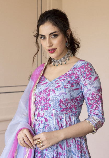 BLUE PINK SIRIA COTTON ANARKALI SUIT SET