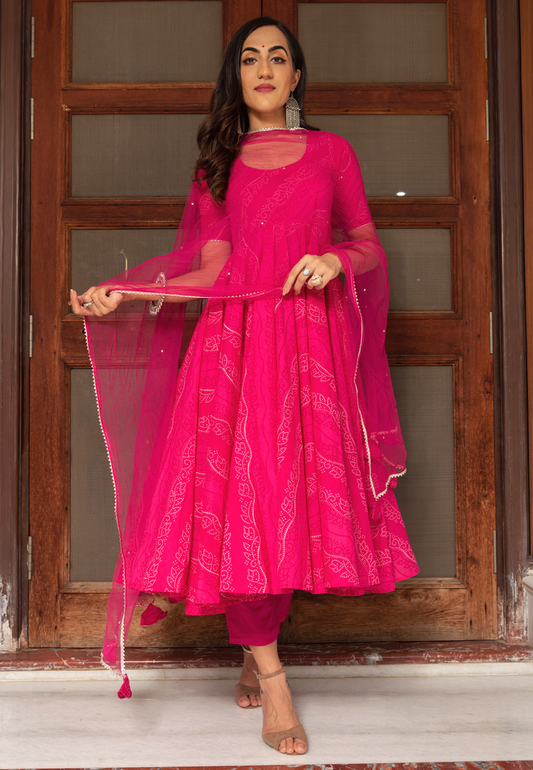 PINK BANDHEJ ANARKALI SUIT SET