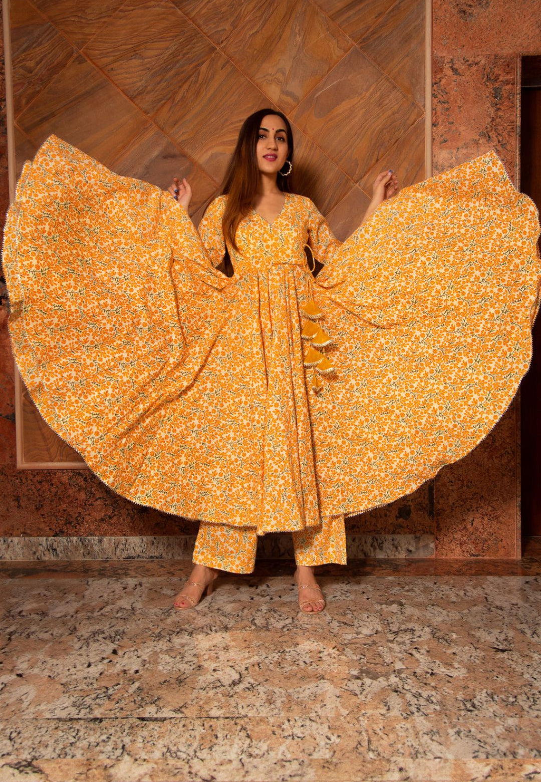 YELLOW BLOCKPRINT COTTON ANGRAKHA SET