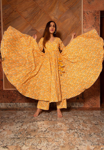 YELLOW BLOCKPRINT COTTON ANGRAKHA SET