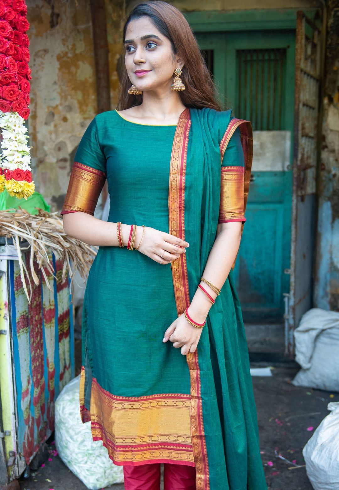 MANDARA GREEN COTTON STRAIGHT SUIT SET