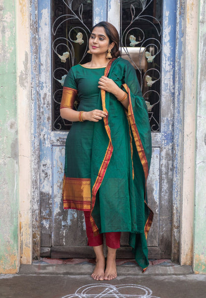 MANDARA GREEN COTTON STRAIGHT SUIT SET