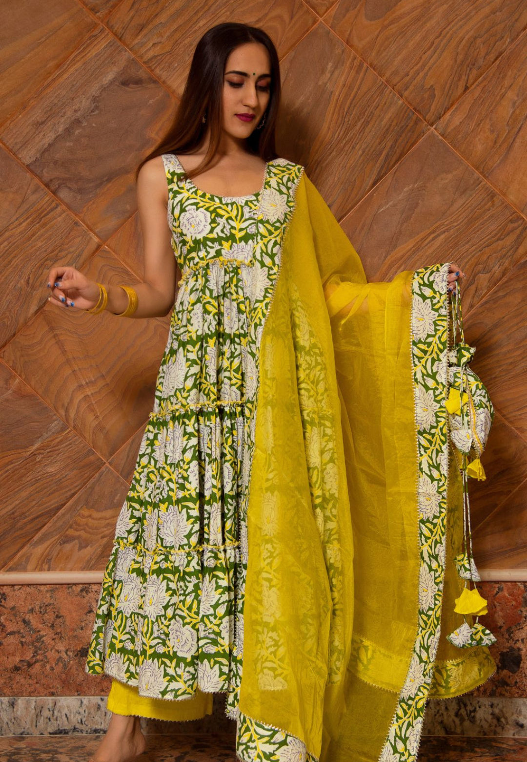YELLOW GREEN TIERED ANARKALI SUIT SET