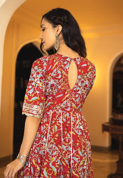RED STELLA COTTON ANARKALI SUIT SET