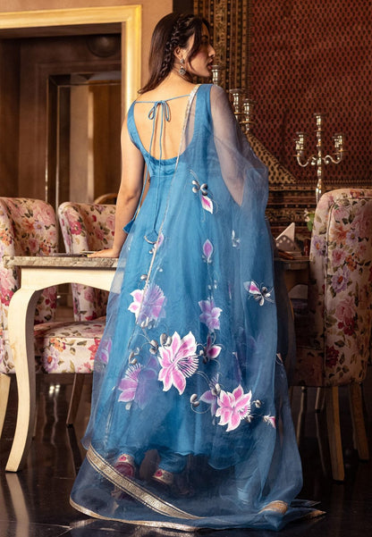 BLUE ZARQA ORGANZA ANARKALI SUIT SET