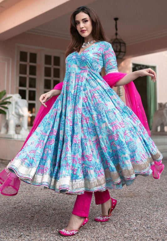 YASMIN BLUE FLORAL ANARKALI SUIT SET