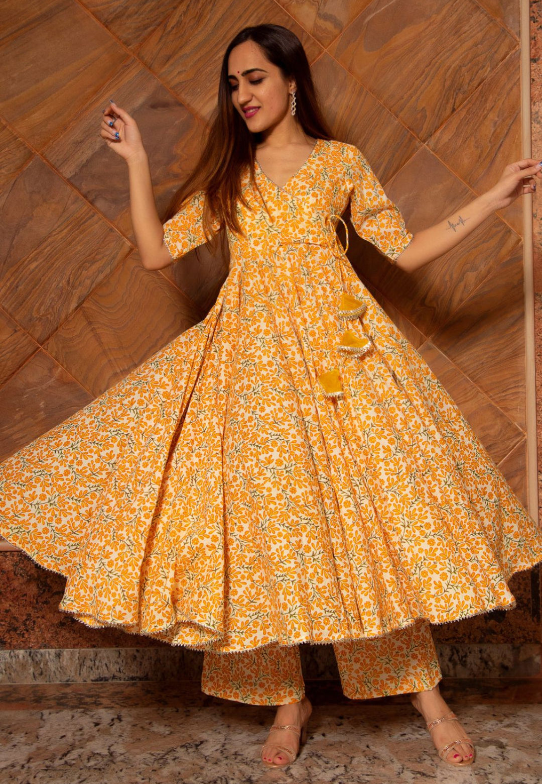 YELLOW BLOCKPRINT COTTON ANGRAKHA SET