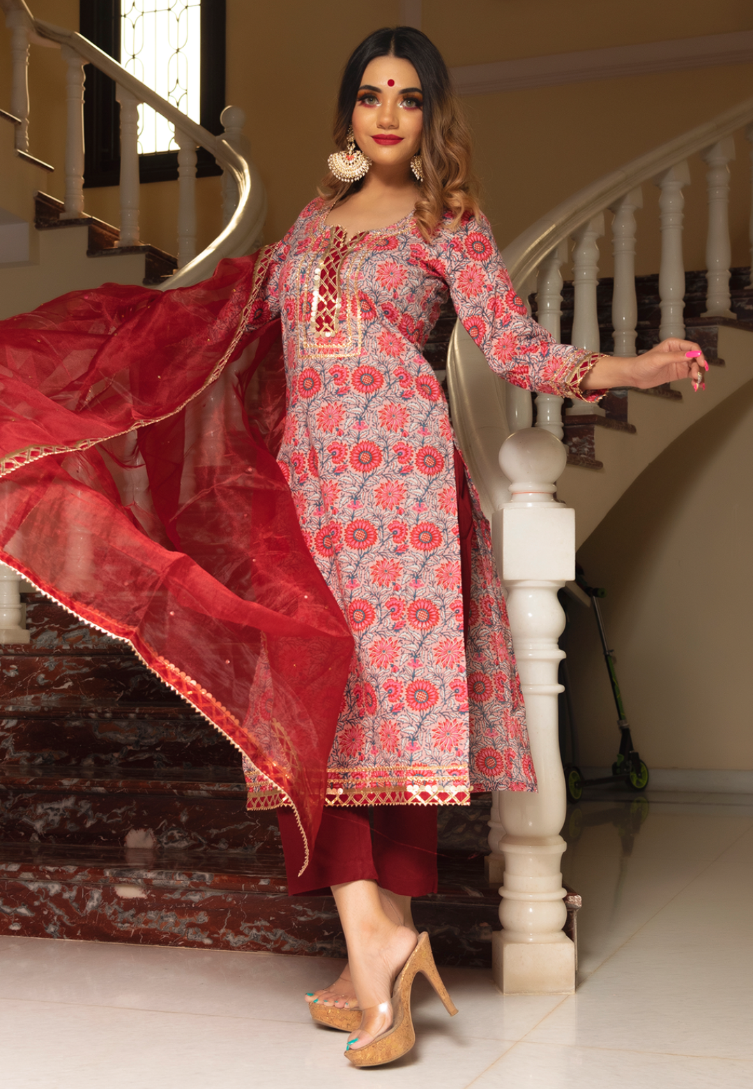 RED FLORAL STRAIGHT SUIT SET