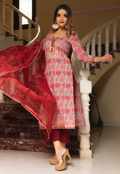 RED FLORAL STRAIGHT SUIT SET