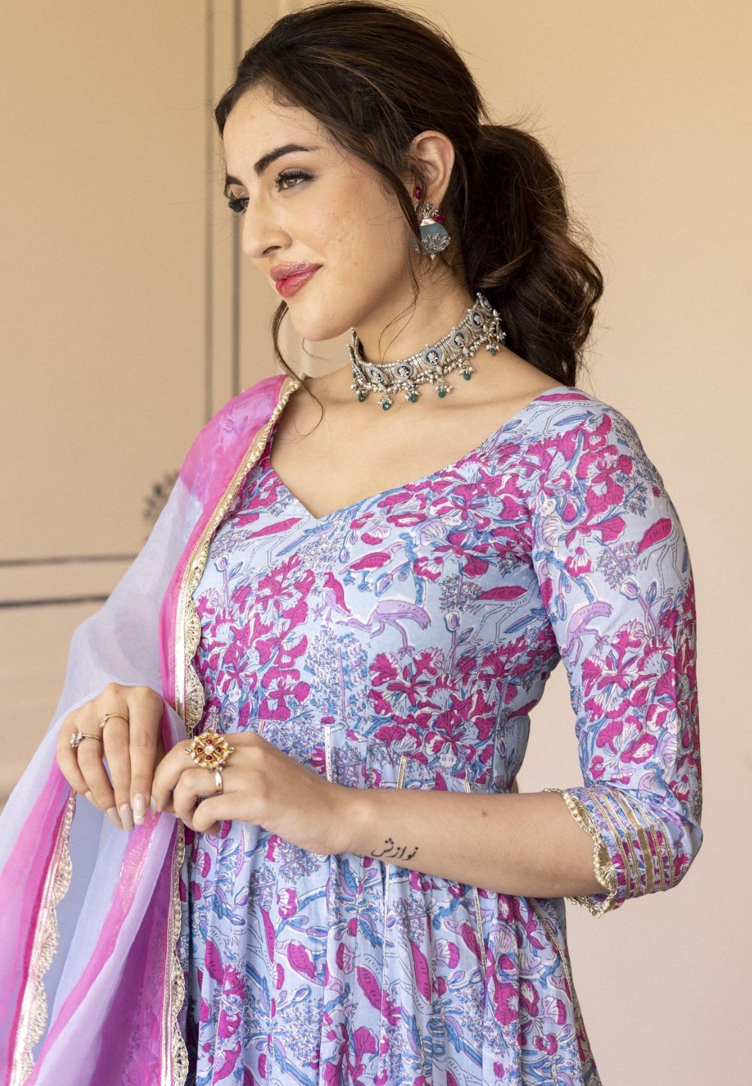 BLUE PINK SIRIA COTTON ANARKALI SUIT SET