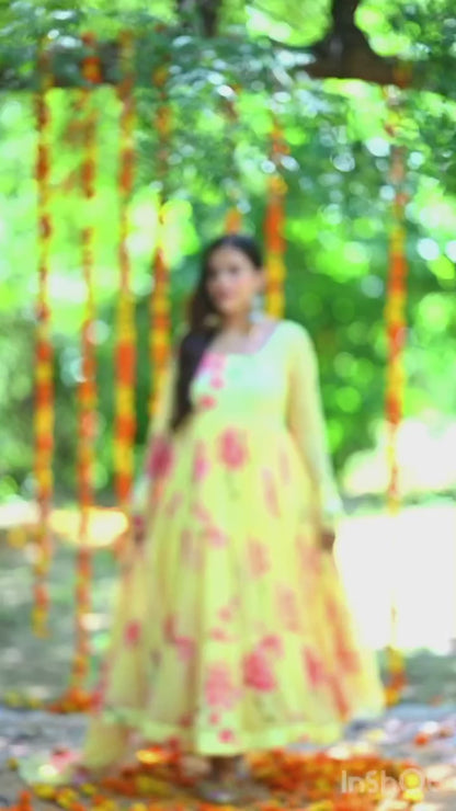 SOFT YELLOW FLORAL CHIFFON ANARKALI SUIT SET