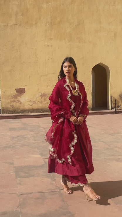 MAROON CHANDERI ANARKALI SUIT SET