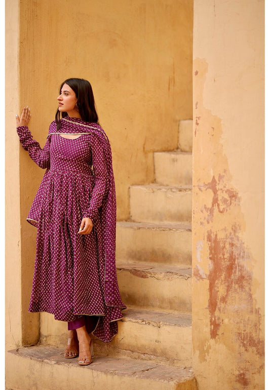 PURPLE BANDHANI GEORGETTE ANARKALI SUIT SET