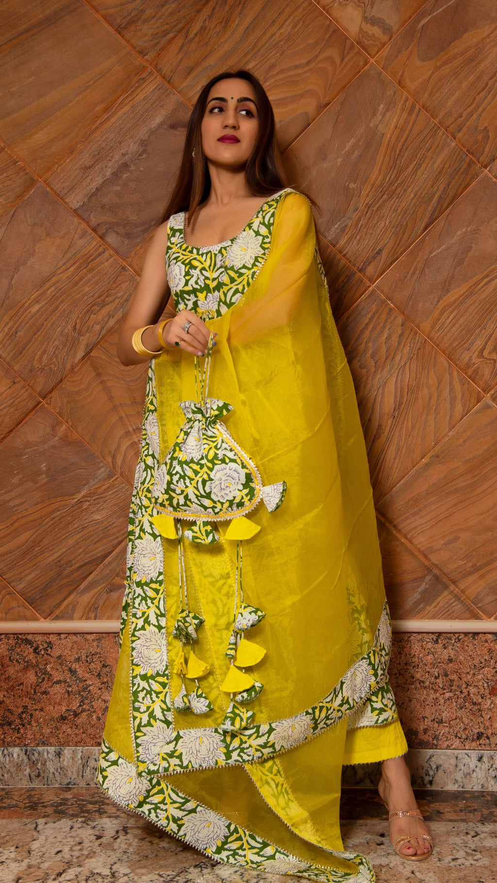 YELLOW GREEN TIERED ANARKALI SUIT SET