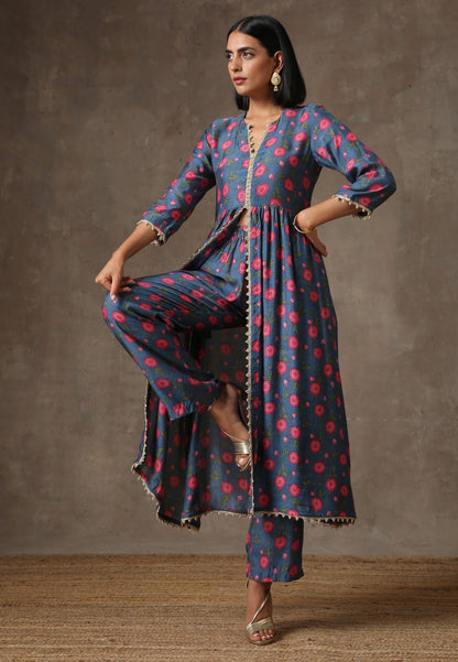 BLUE PINK MUSLIN SILK SLIT KURTA SET