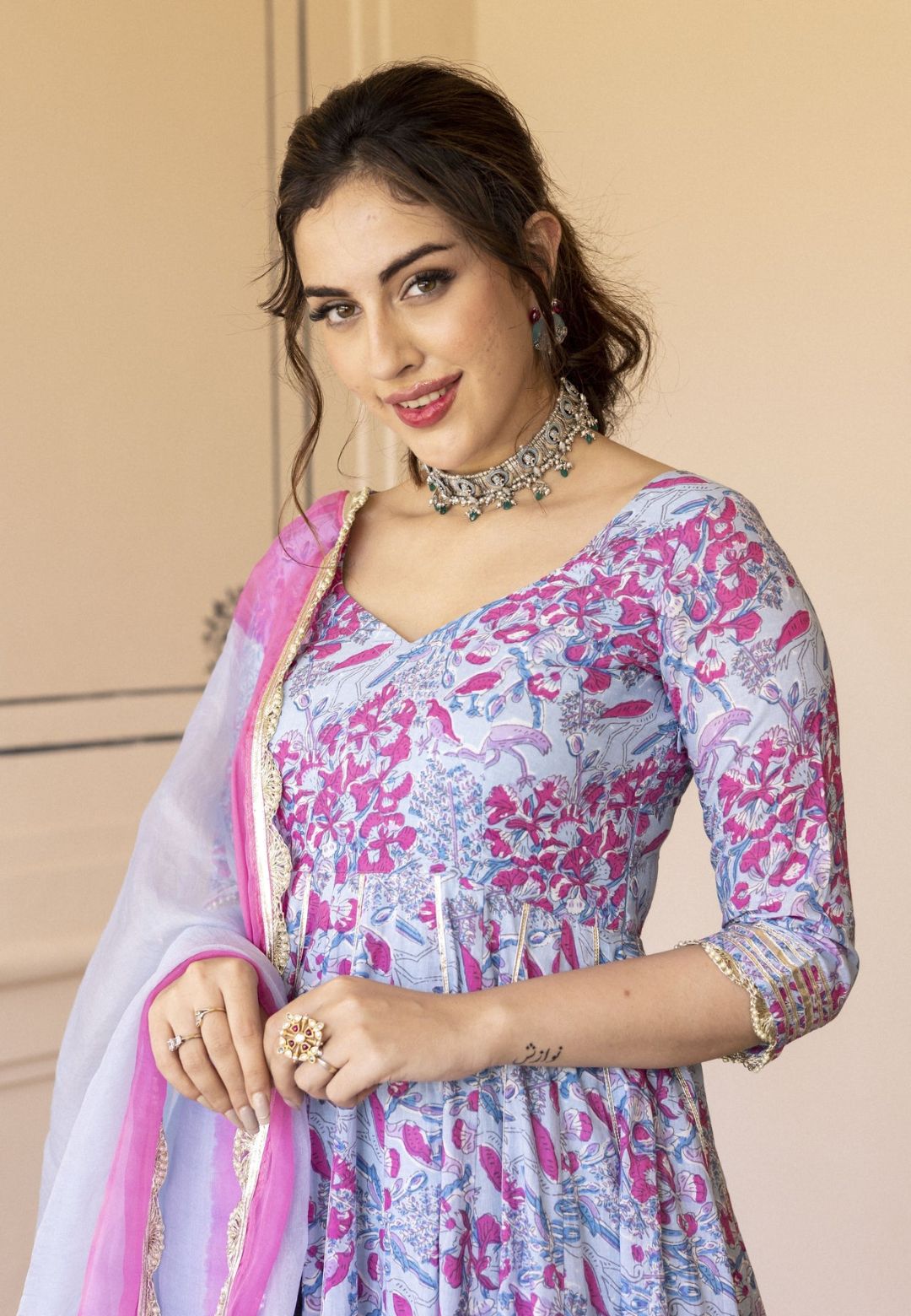 BLUE PINK SIRIA COTTON ANARKALI SUIT SET