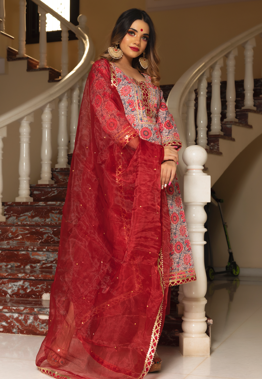 RED FLORAL STRAIGHT SUIT SET