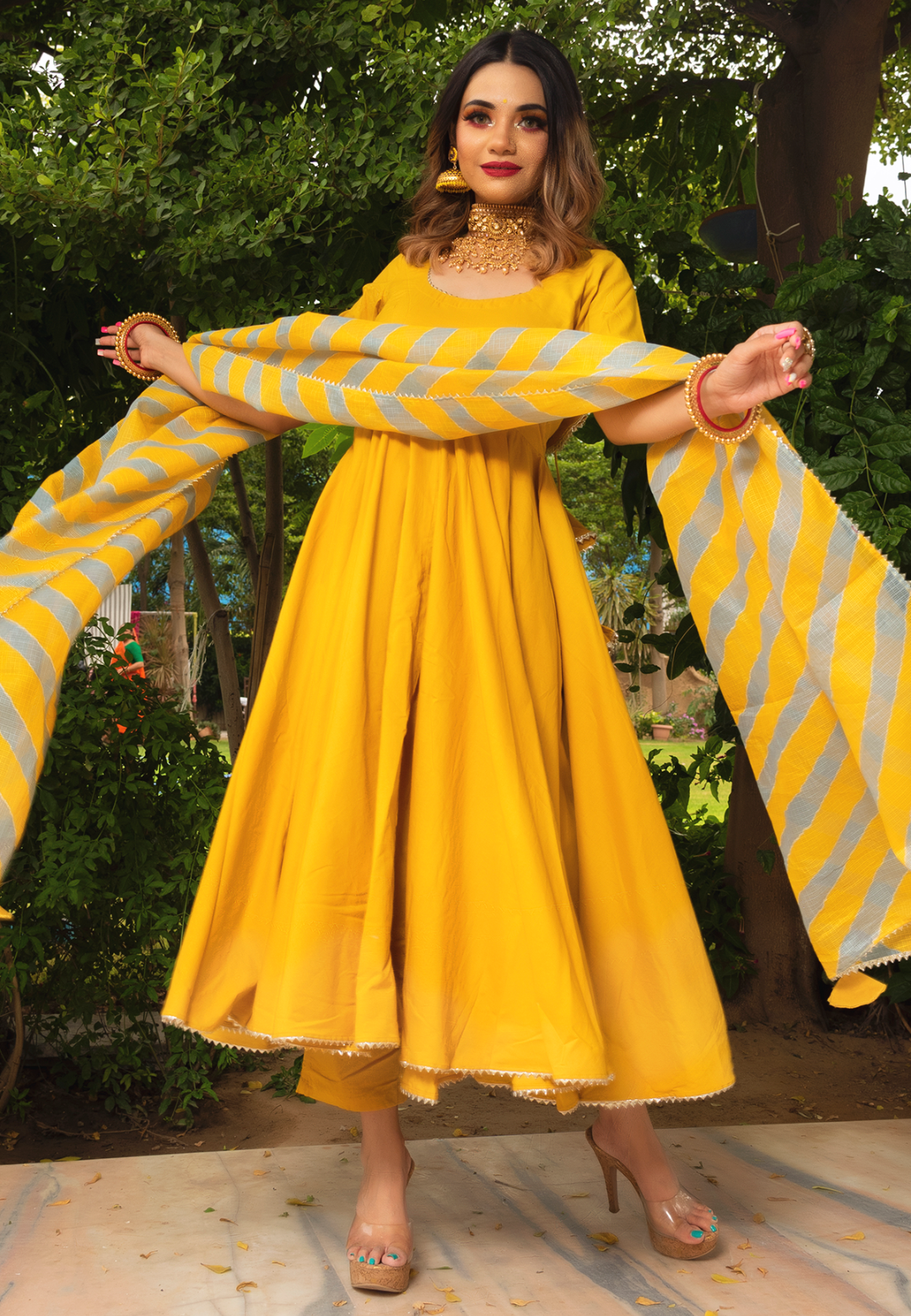 YELLOW LEHERIYA COTTON ANARKALI SUIT SET