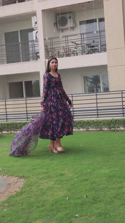 NAVY BLUE FLORAL CHIFFON ANARKALI SUIT SET