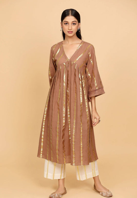 BROWN LACE COTTON LUREX KURTA SET