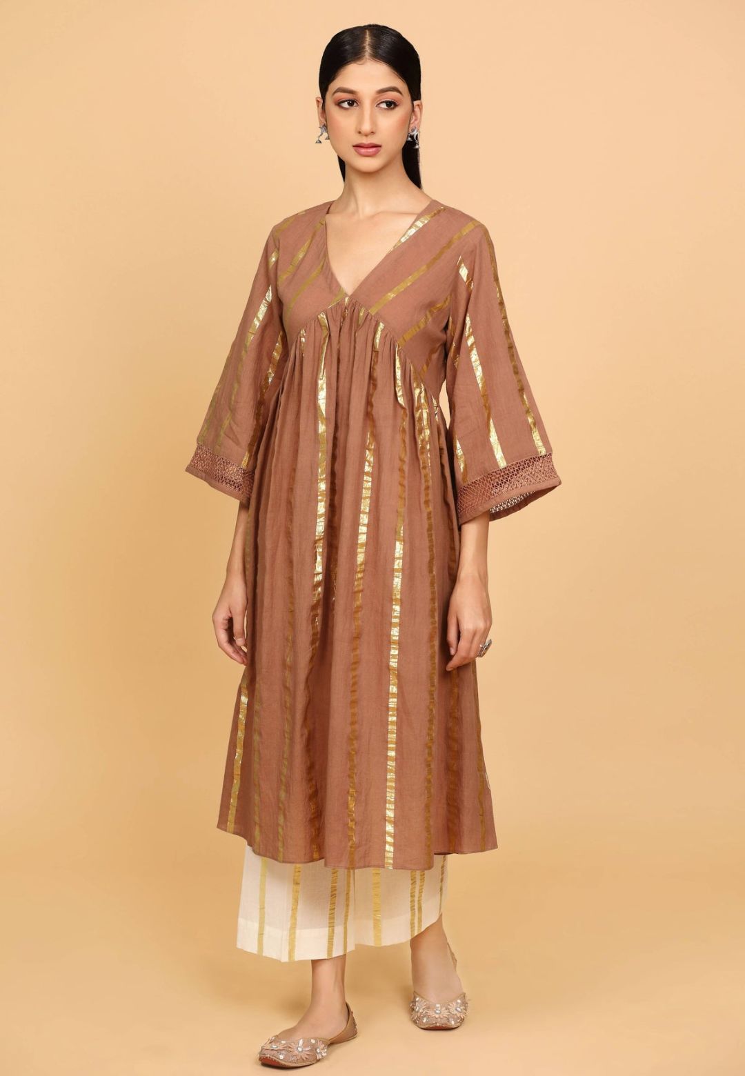 BROWN LACE COTTON LUREX KURTA SET