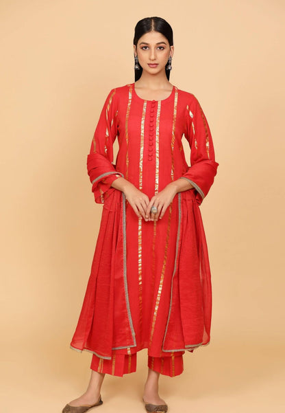 RED COTTON LUREX SUIT SET