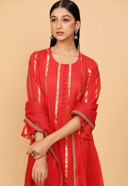 RED COTTON LUREX SUIT SET