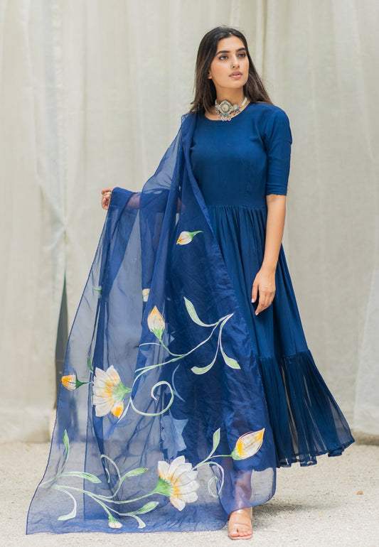 BLUE HANDPAINTED COTTON ANARKALI SET - Avino Atelier 