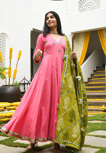 PINK HANDBLOCKED VARAHI  ANARKALI SET