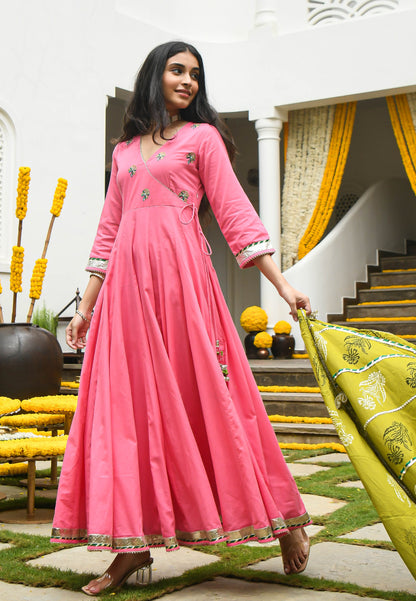 PINK HANDBLOCKED VARAHI  ANARKALI SET