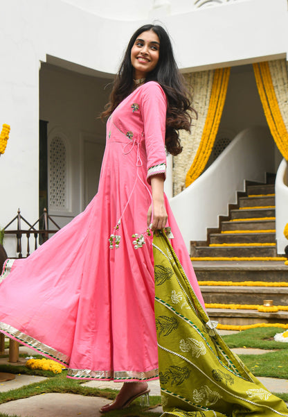 PINK HANDBLOCKED VARAHI  ANARKALI SET