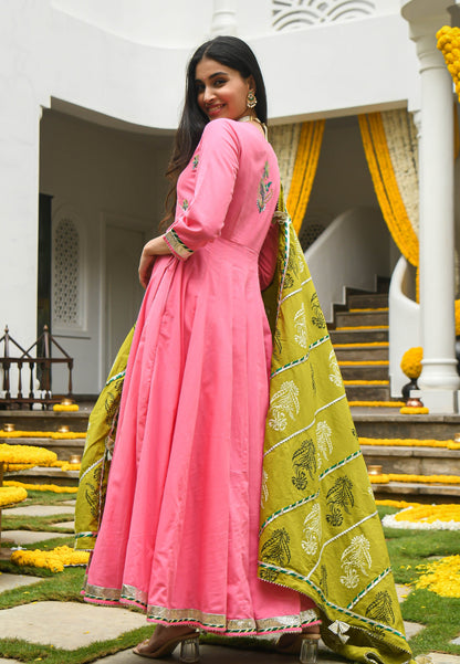 PINK HANDBLOCKED VARAHI  ANARKALI SET