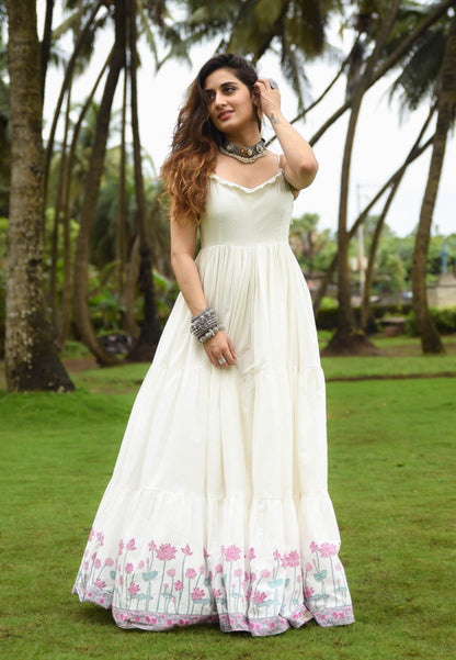 IVORY WHITE FLORAL ANARKALI COTTON DRESS