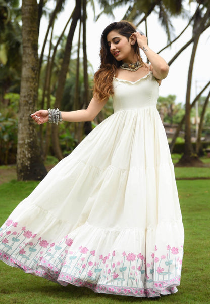 IVORY WHITE FLORAL ANARKALI COTTON DRESS
