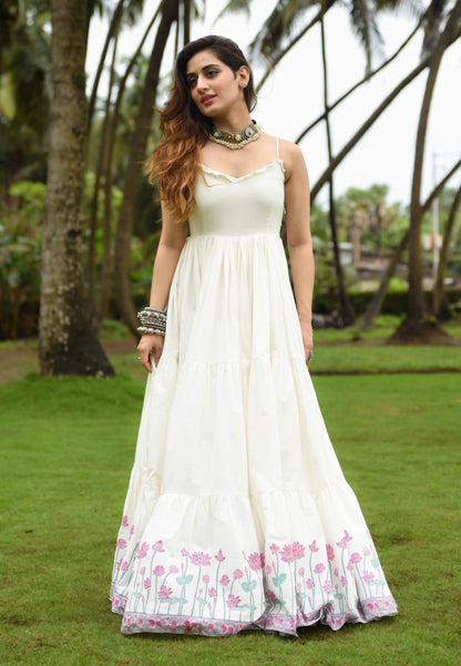 IVORY WHITE FLORAL ANARKALI COTTON DRESS