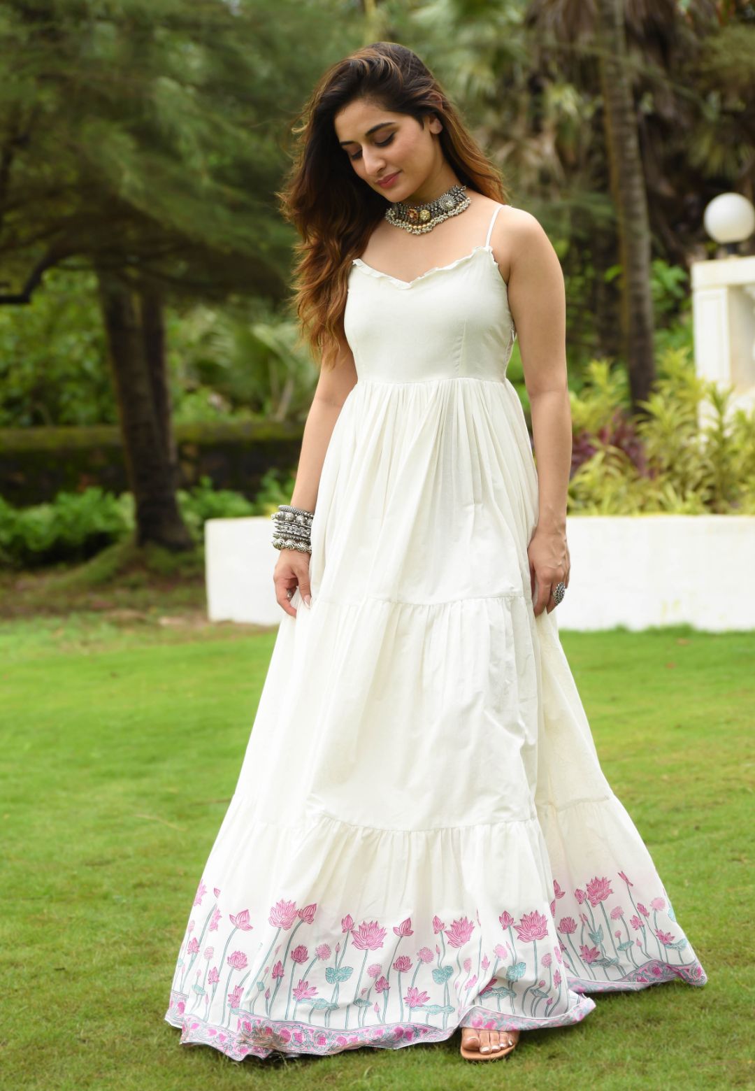 IVORY WHITE FLORAL ANARKALI COTTON DRESS