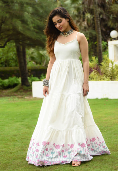 IVORY WHITE FLORAL ANARKALI COTTON DRESS