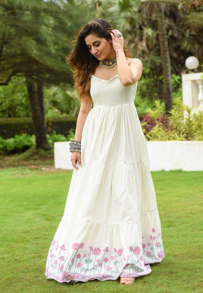 IVORY WHITE FLORAL ANARKALI COTTON DRESS