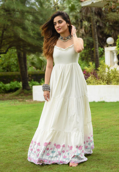 IVORY WHITE FLORAL ANARKALI COTTON DRESS
