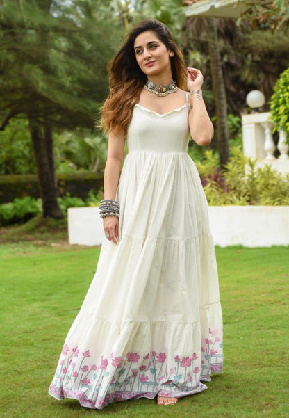 IVORY WHITE FLORAL ANARKALI COTTON DRESS