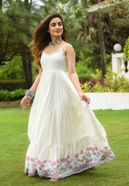 IVORY WHITE FLORAL ANARKALI COTTON DRESS