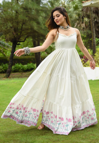 IVORY WHITE FLORAL ANARKALI COTTON DRESS
