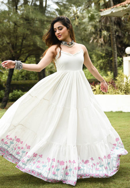 IVORY WHITE FLORAL ANARKALI COTTON DRESS