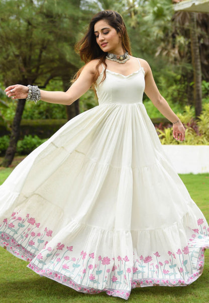 IVORY WHITE FLORAL ANARKALI COTTON DRESS