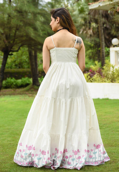 IVORY WHITE FLORAL ANARKALI COTTON DRESS